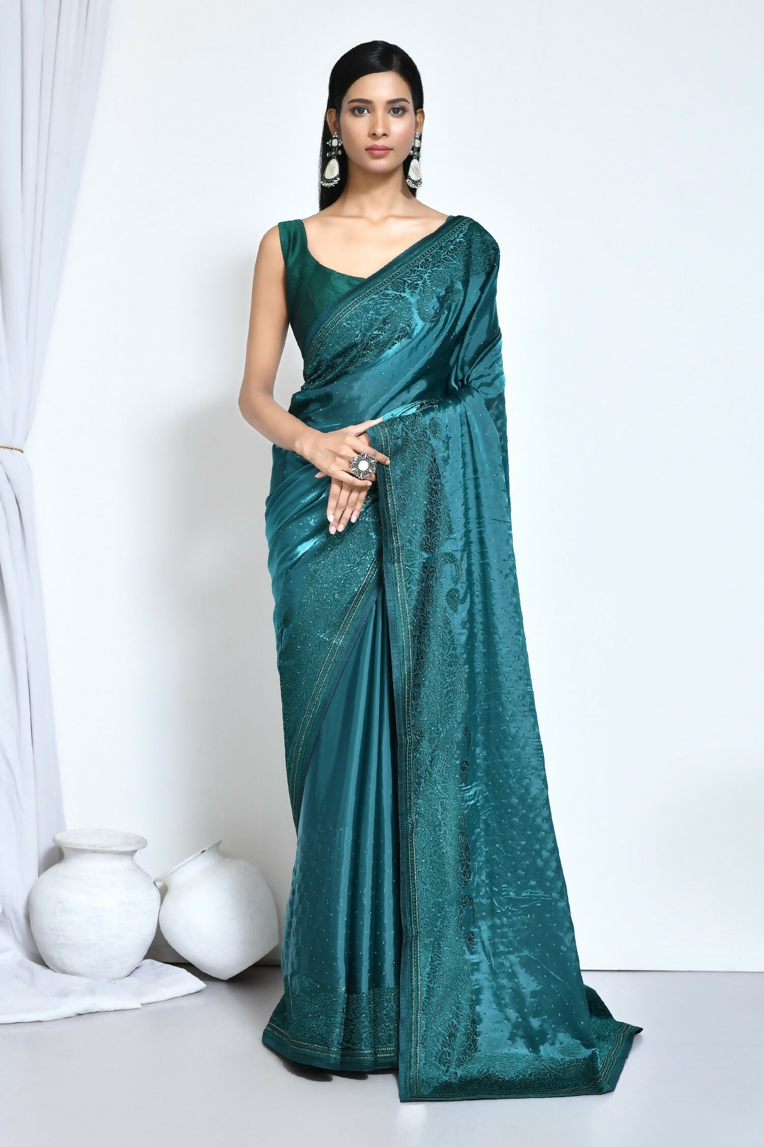 Light Blue Satin Silk Embroidered With Stone Work Festive Saree - Nimaya Denzy