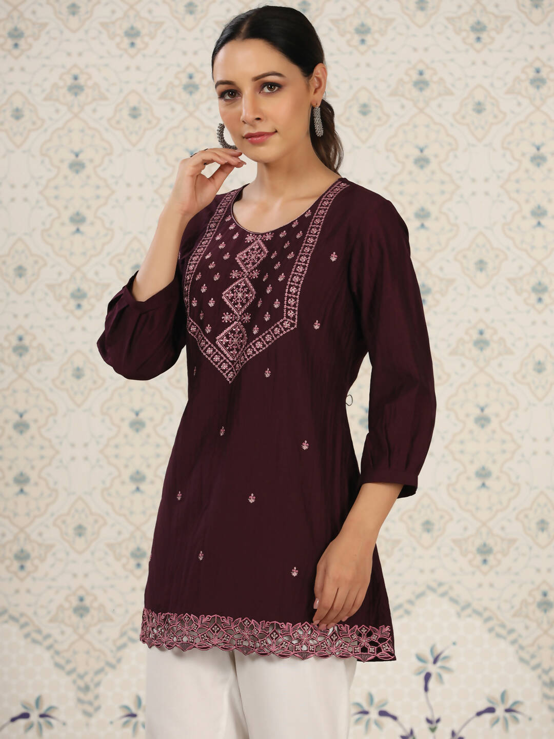 Magenta Chinon Embroidered Straight Top - Zeny