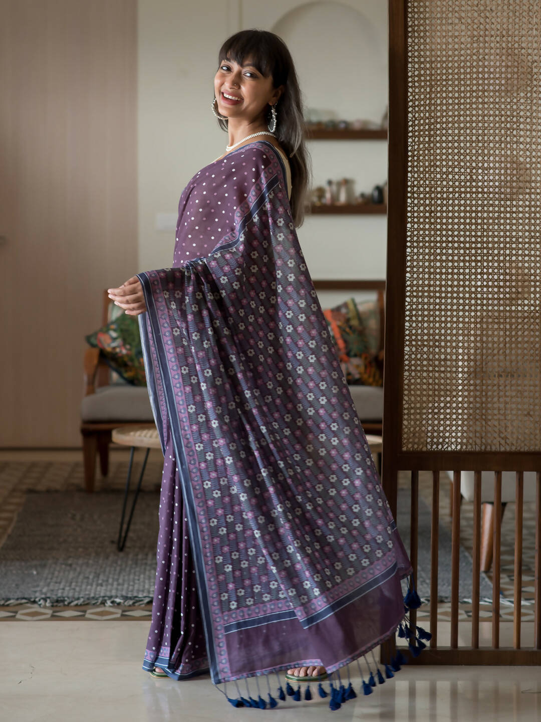 Suta Purple Polka Dots Pure Cotton Saree - Distacart