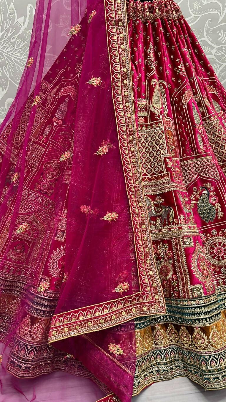 Jyoti Fashion Women's Rani Pink Velvet Fancy Dori & Sequins with Multi Thread Embroidered with Diamond Work Wedding Lehenga Choli