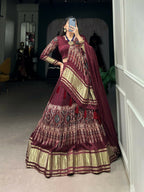 Vastranavya Traditional Every Occasion Gaji Silk Digital Print With Lagadi Patta Lehenga with Unstitched Blouse - Maroon