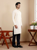 Off White Viscose Woven Jacquard Work Men's Kurta - Mahotsav