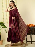 Myshka Women's Magenta Velvet Kurti & Sharara With Dupatta Party Sets