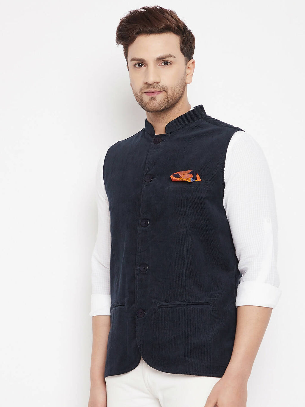 Even Apparels Navy Polyester Men's Nehru Jacket-Contrast Lining-Inbuilt Pocket Square - Distacart