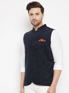 Even Apparels Navy Polyester Men's Nehru Jacket-Contrast Lining-Inbuilt Pocket Square - Distacart