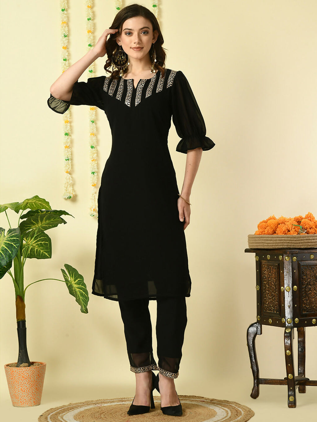 Myshka Women's Black Georgette Kurta With Trousers Party Sets