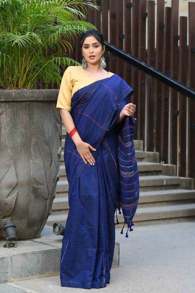 Beatitude Blue Khadi Ghicha Stripes Saree