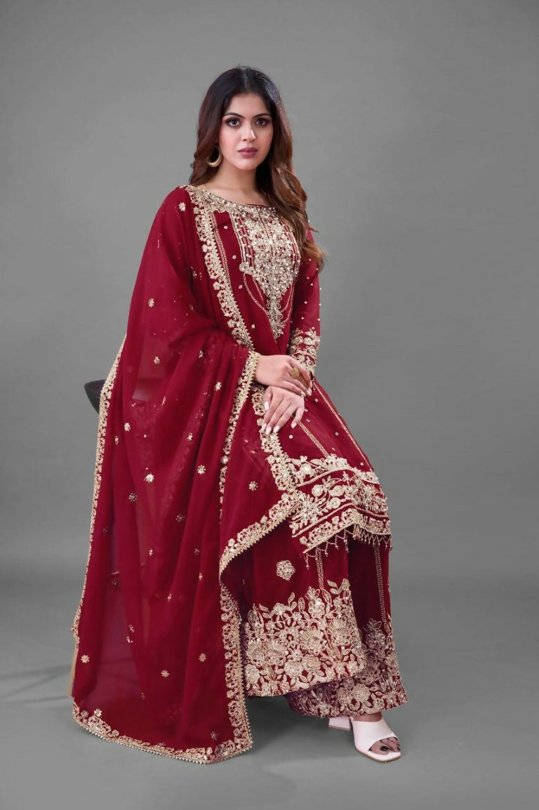 Teeya Creation Red Color Faux georgette Embroidery Work Sharara Set - Distacart