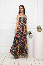 Myshka Women Black Floral Rayon A-Line Round Neck Dress - Distacart