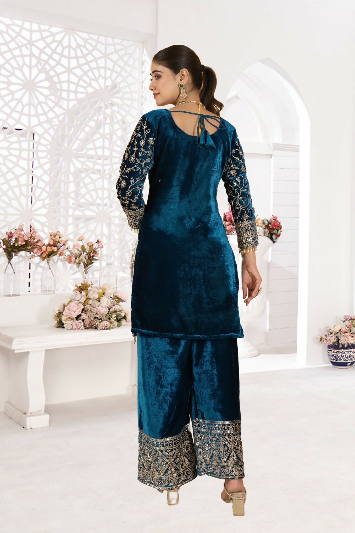 Joban Fashion Blue Velvet Sequence Embroidery Work Kurta Set - Distacart