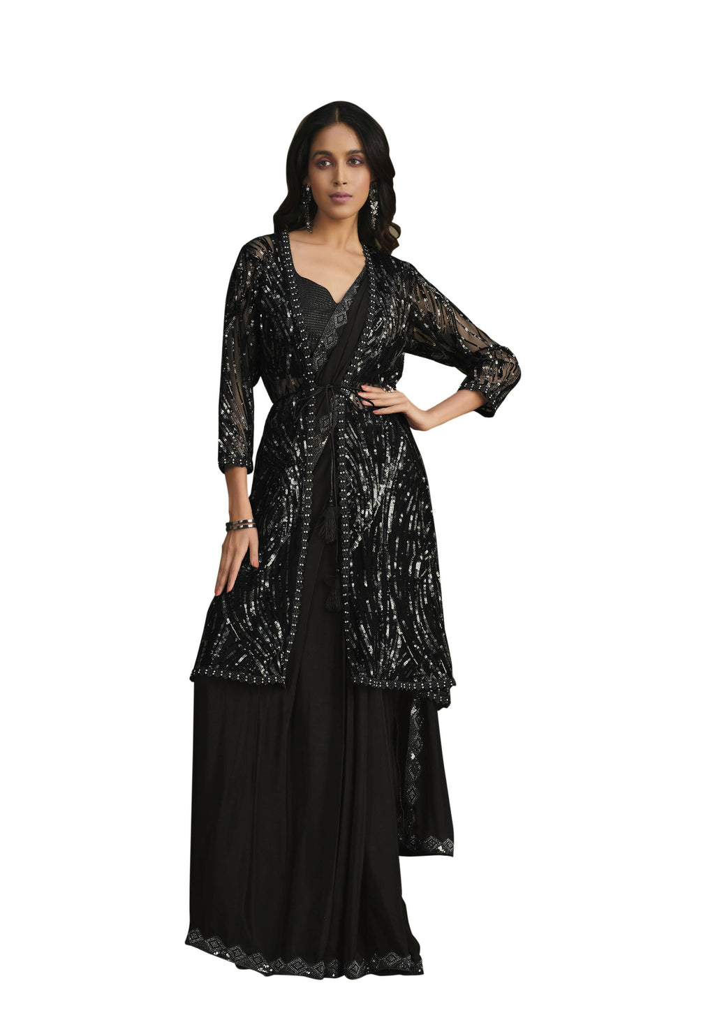 Black Crepe Silk Sequence Embroidered & Stone Work With Sequence Work Jacket Saree With Stitched Blouse - Mohmanthan La Belle