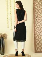 Myshka Women's Black Georgette Sleeveless Straight Party Kurta