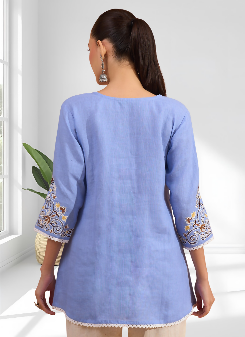 Joban Fashion Sky Blue Cotton, Linen Embroidered Readymade Tunic - Distacart