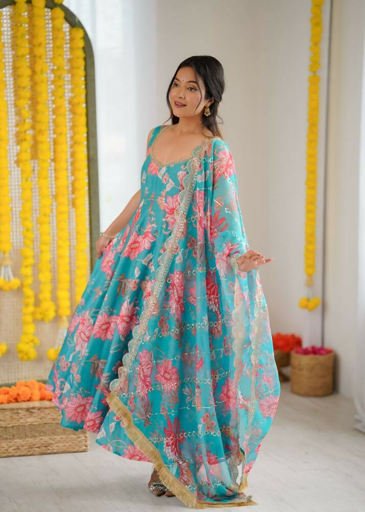 Teeya Creation Blue Pure Muslin Silk Digital Print Traditional Wear Long Gown - Distacart