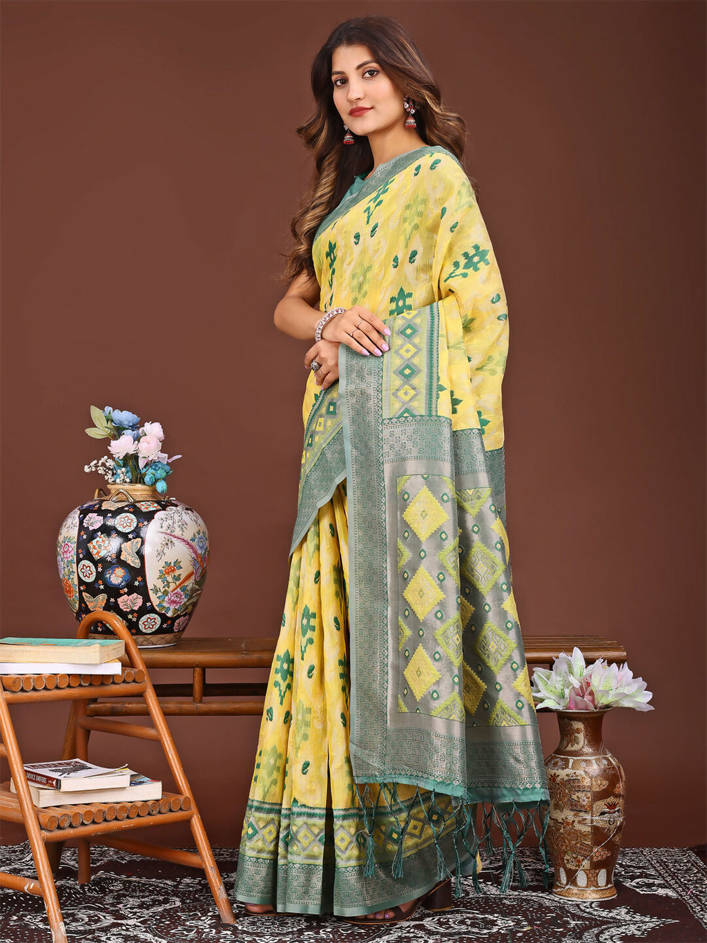 Shree Shyam Fashion Linen Cotton Yellow Saree - Distacart
