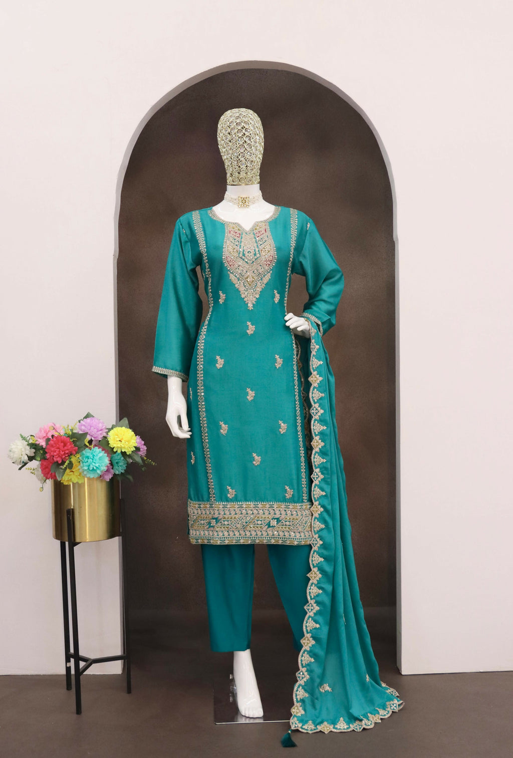 Anaita Turquoise Heavy Chinon Readymade Suit with Embroidery & Sequence Work - Distacart