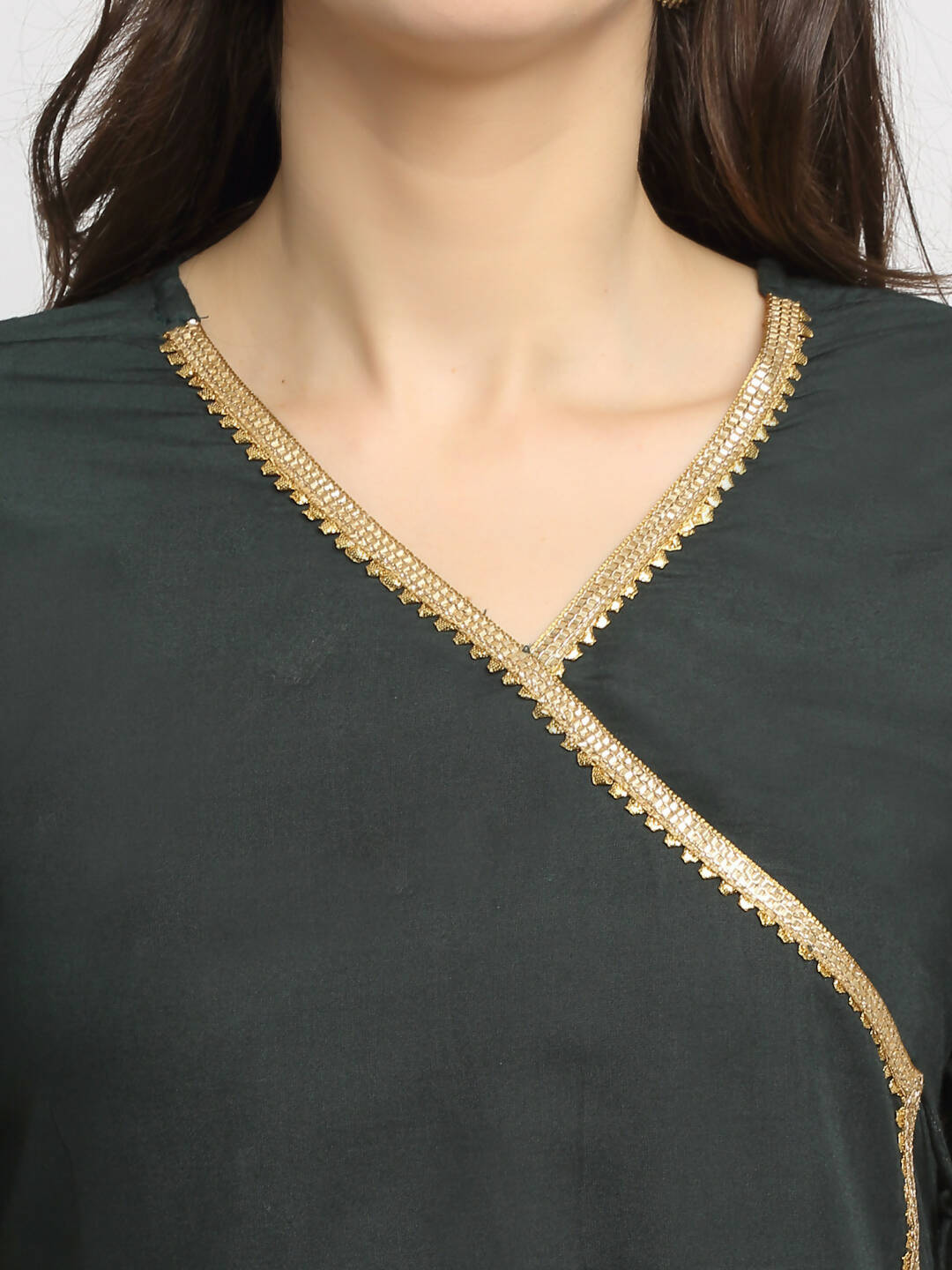 Rudra Bazaar Green Angrakha Style Flared Anarkali Kurta with Pyjamas & Dupatta - Distacart
