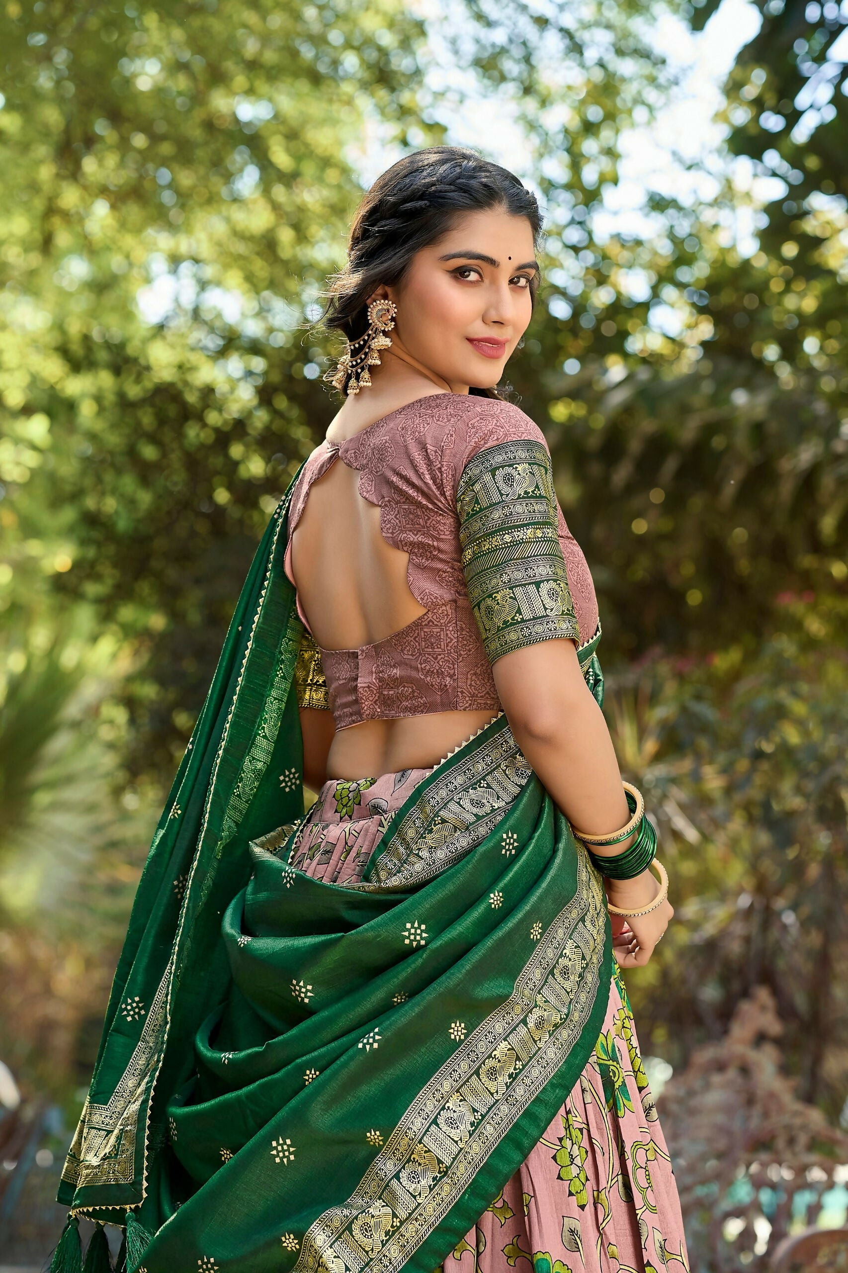 Vastranavya Kalamkari Print With Foil Print Lehenga with Unstitched Printed Blouse - Onion