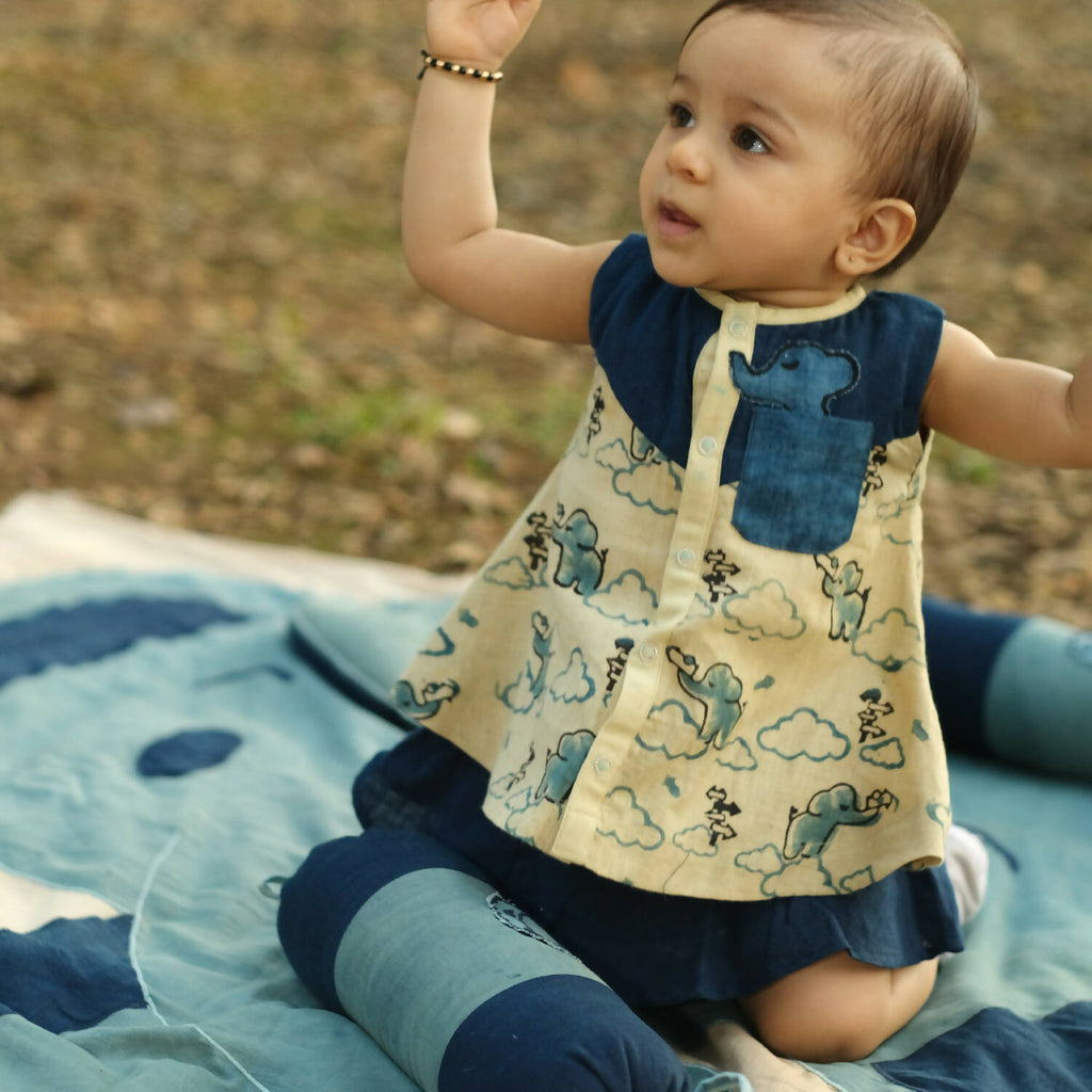 Mhyssa Blue And Beige A line Sleeveless Printed Dress And Skirt With Lining Set