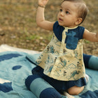 Mhyssa Blue And Beige A line Sleeveless Printed Dress And Skirt With Lining Set