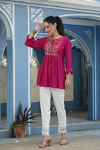 Juniper Women's Fuchsia Rayon Crepe Embroidered Straight Tunic - Distacart