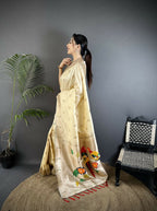 Joban Fashion Off-White Peacock & Floral Motifs Soft Silk Kanchipuram Saree - Distacart