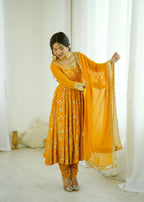 Teeya Creation Yellow Color Heavy Faux Georgette Embroidery Work Gown - Distacart