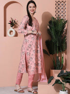 Jyoti Fashion Women's Pink Cotton Floral Digital Printed Kurta with Trouser & Dupatta