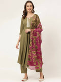FIORRA Women's Olive Poly Crepe A-Line Kurta Pant With Dupatta
