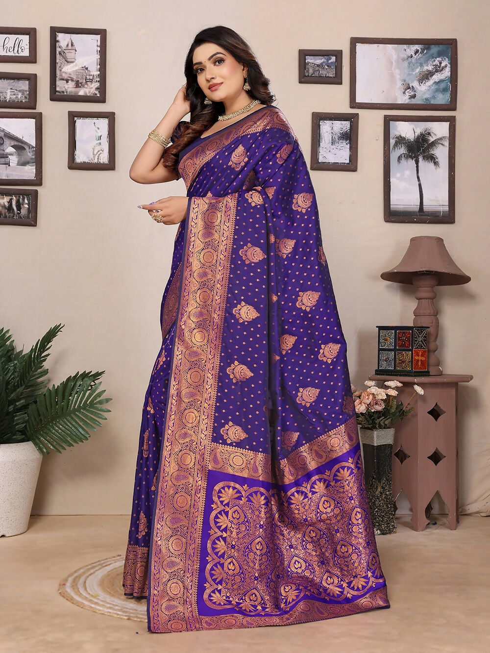 Joban Fashion Banarasi Navy Blue Woven Soft Silk Saree - Distacart