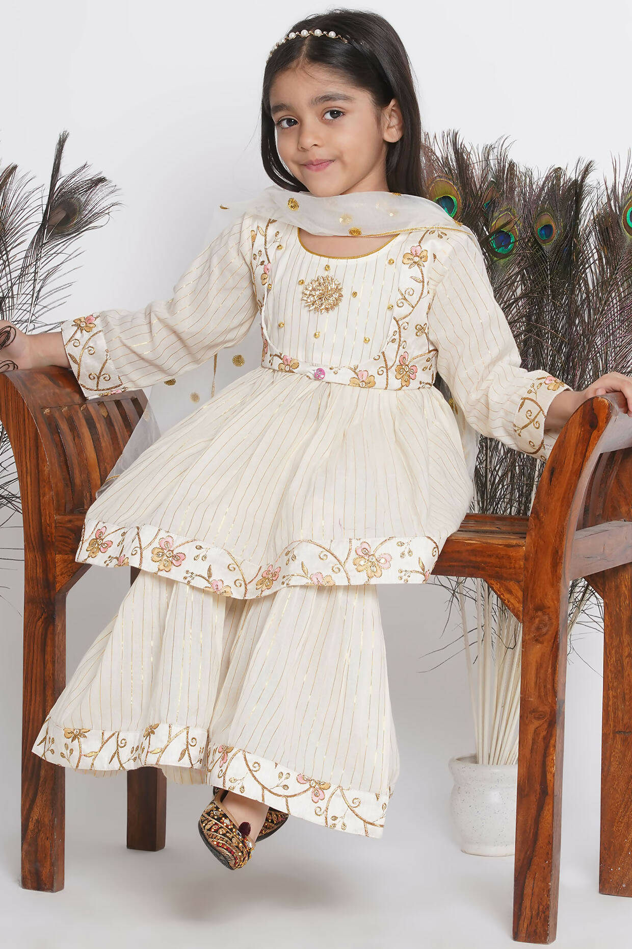 Little Bansi Floral Embroidery Jacket With Cotton Lurex Frock Sharara And Dupatta With Ghungroo Handwork - Cream
