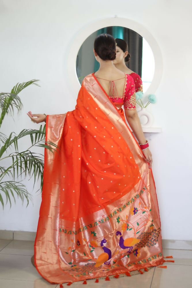 Orange Woven Jacquard Designer Embroidery Work Party Wear Saree - Parampara