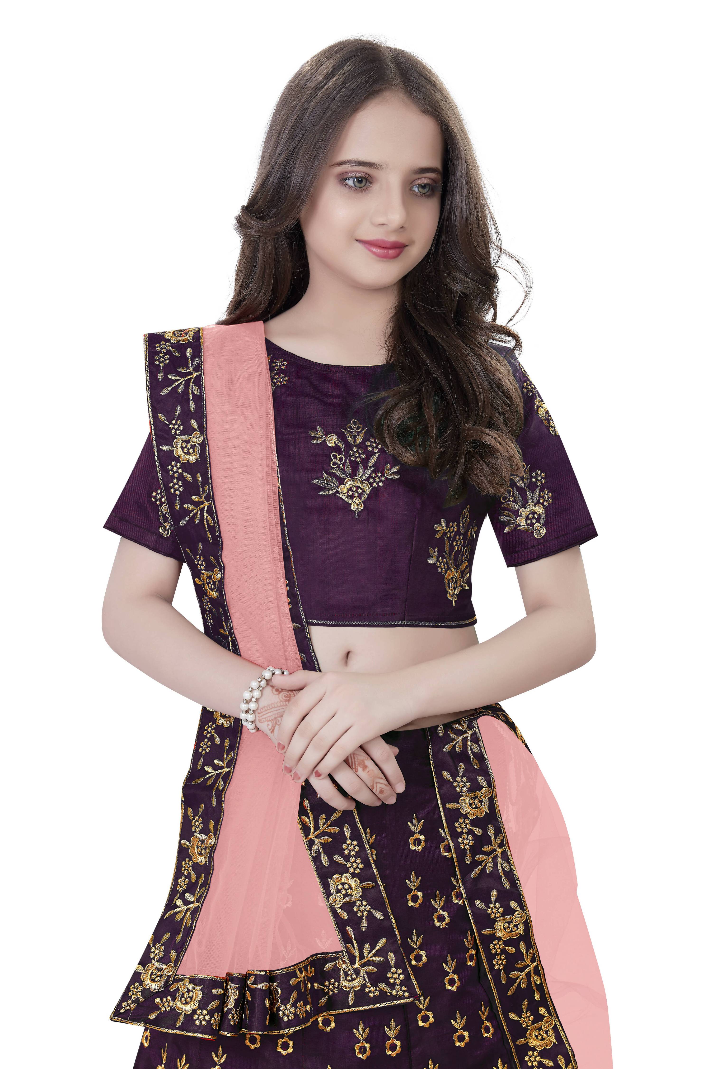Dwiden Purple Baby Doll Tafetta Sattin Semi-Stitched Girl's Lehenga Choli