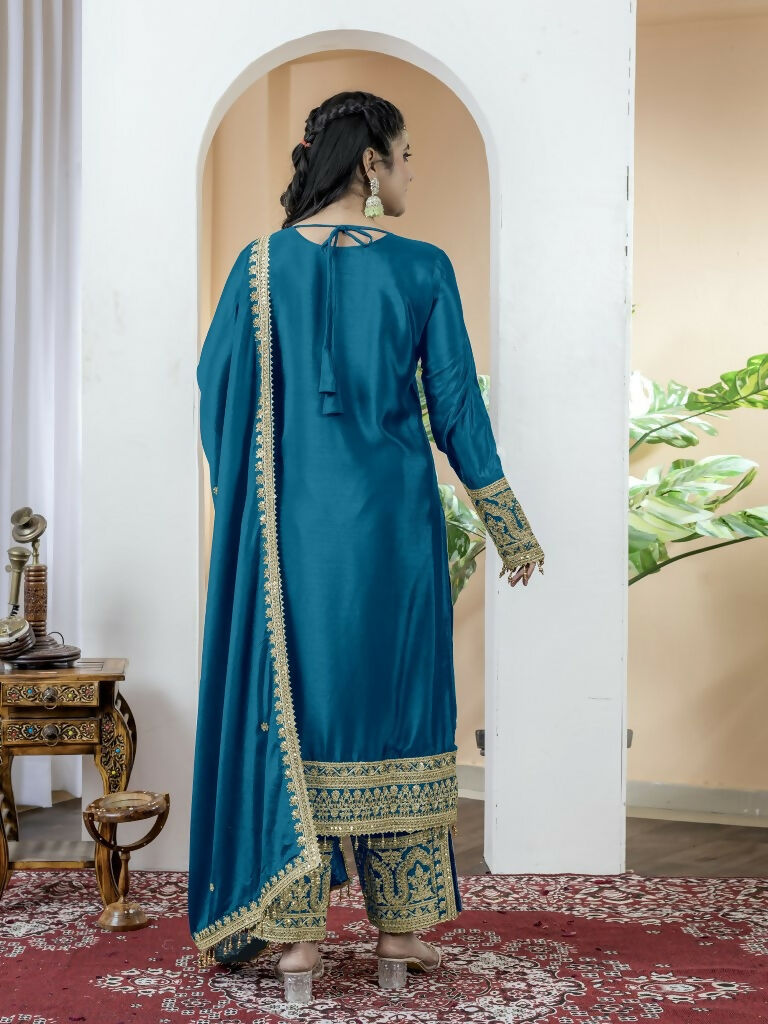 Teeya Creation Morepich Color Chinnon Silk Embroidery Work Fully Stitched Salwar Suit - Distacart