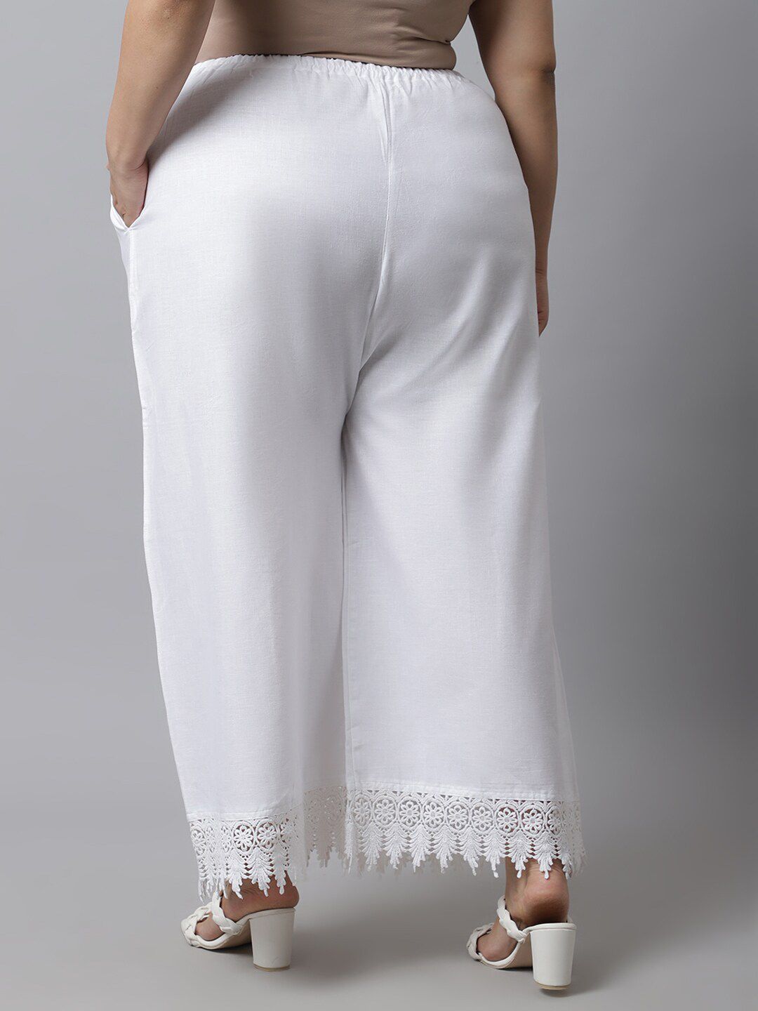 TAG 7 Women Plus Size White Solid Linen Ethnic Palazzos