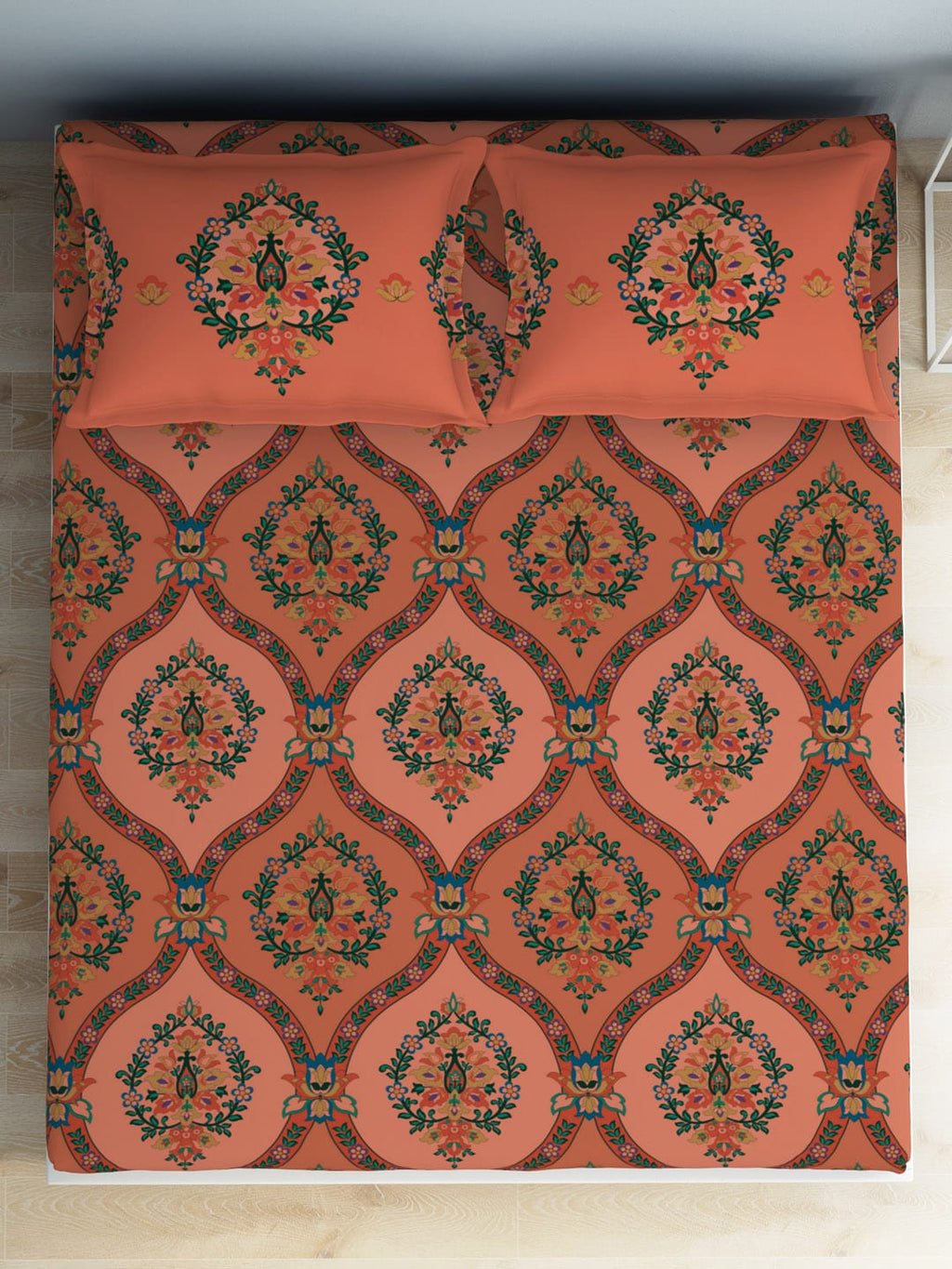 SPACES Aurum Peach Ethnic Motifs Pure Cotton 140 TC Queen Bedsheet with 2 Pillow Covers