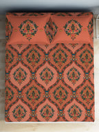 SPACES Aurum Peach Ethnic Motifs Pure Cotton 140 TC Queen Bedsheet with 2 Pillow Covers