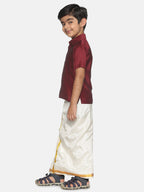 Sethukrishna Boys Maroon & White Solid Shirt and Dhoti Set