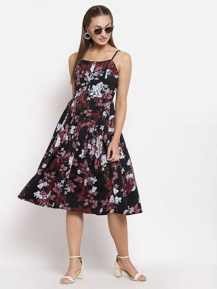 Myshka Women's Multi Color Crepe Printed Sleeveless Square Neck Casual Dress