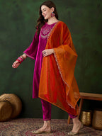 Sangria Embroidered Velvet Kurta & Trousers with Dupatta