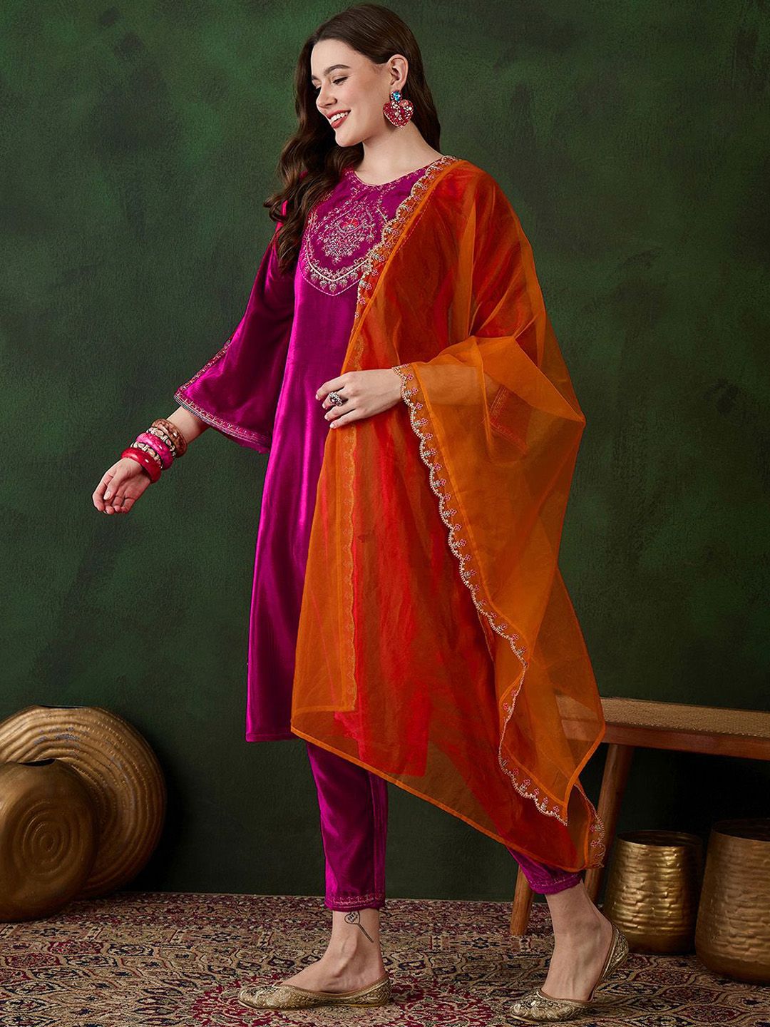 Sangria Embroidered Velvet Kurta & Trousers with Dupatta