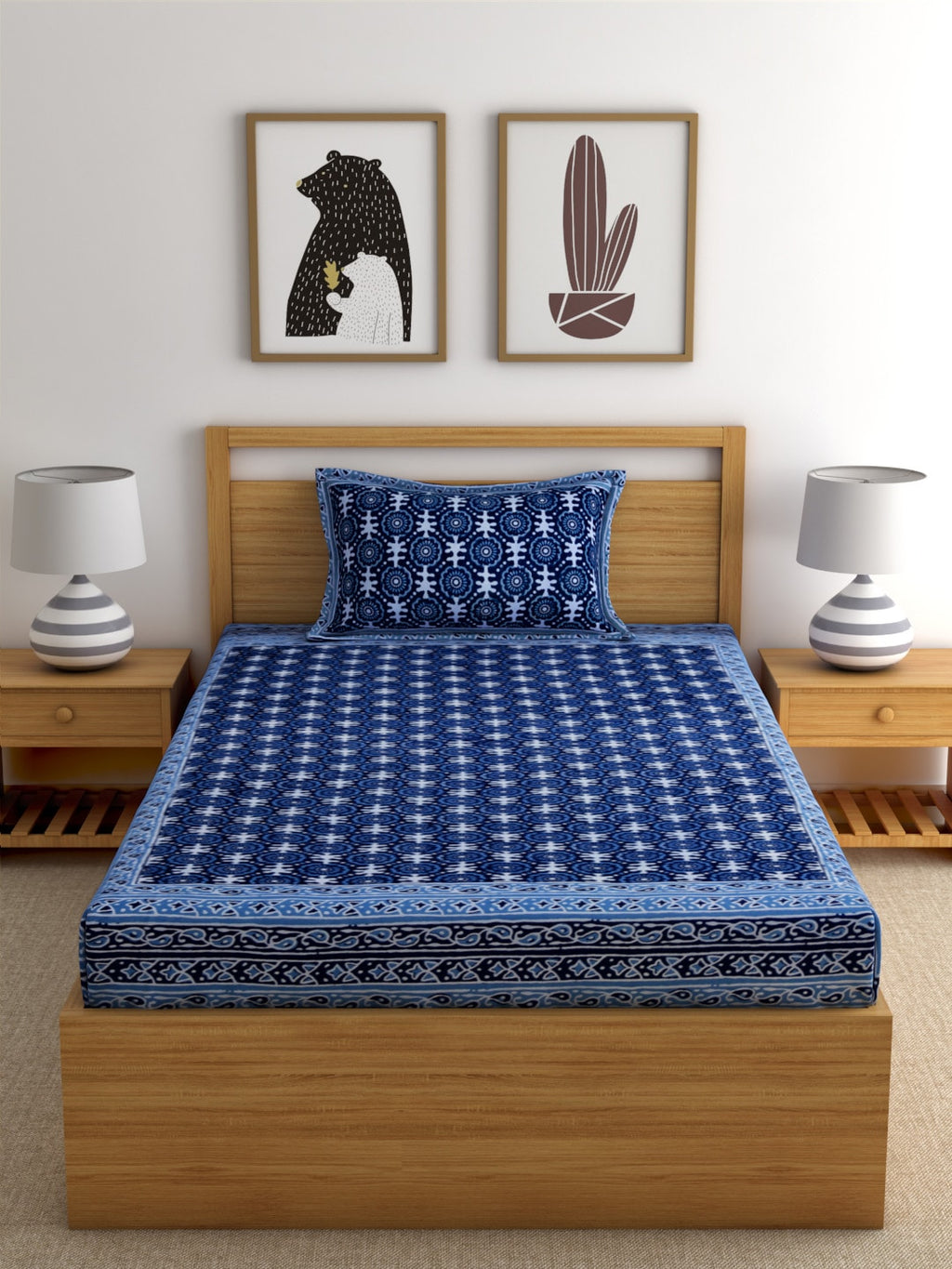 Rajasthan Decor Navy Blue Block Print 144 TC Cotton 1 Single Bedsheet with 2 Pillow Covers
