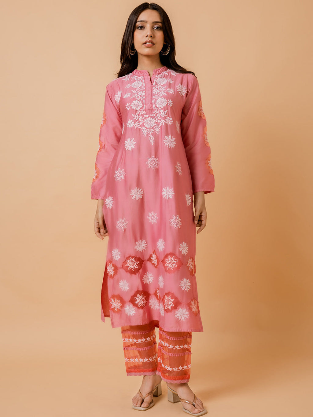 HOUSE OF KARI Ethnic Motifs Embroidered Chikankari Straight Chanderi Silk Kurta