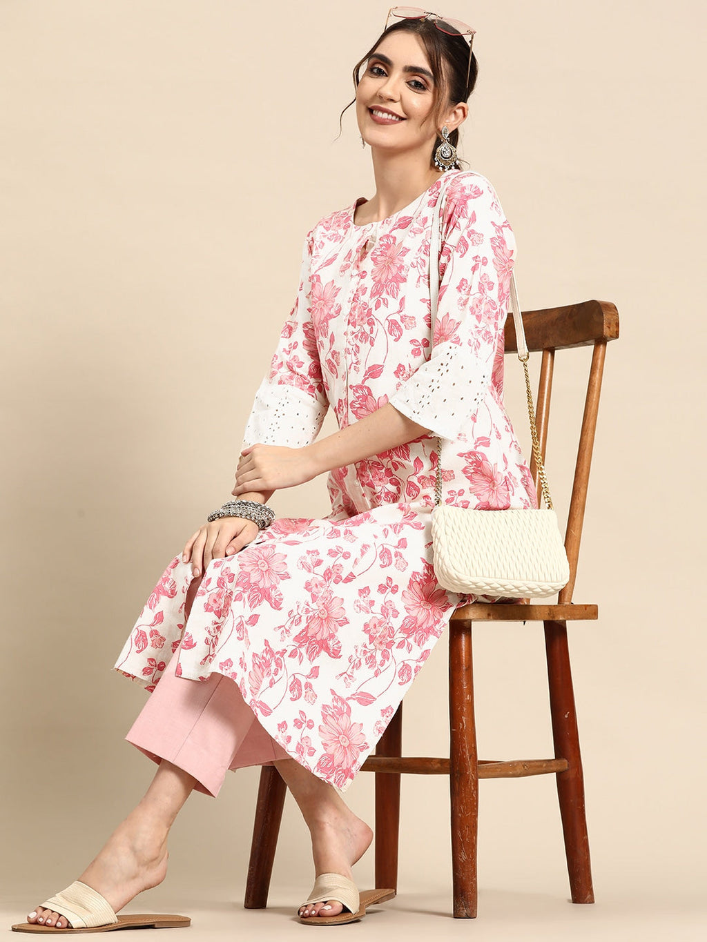Sangria Floral Printed Cotton Slub Kurta