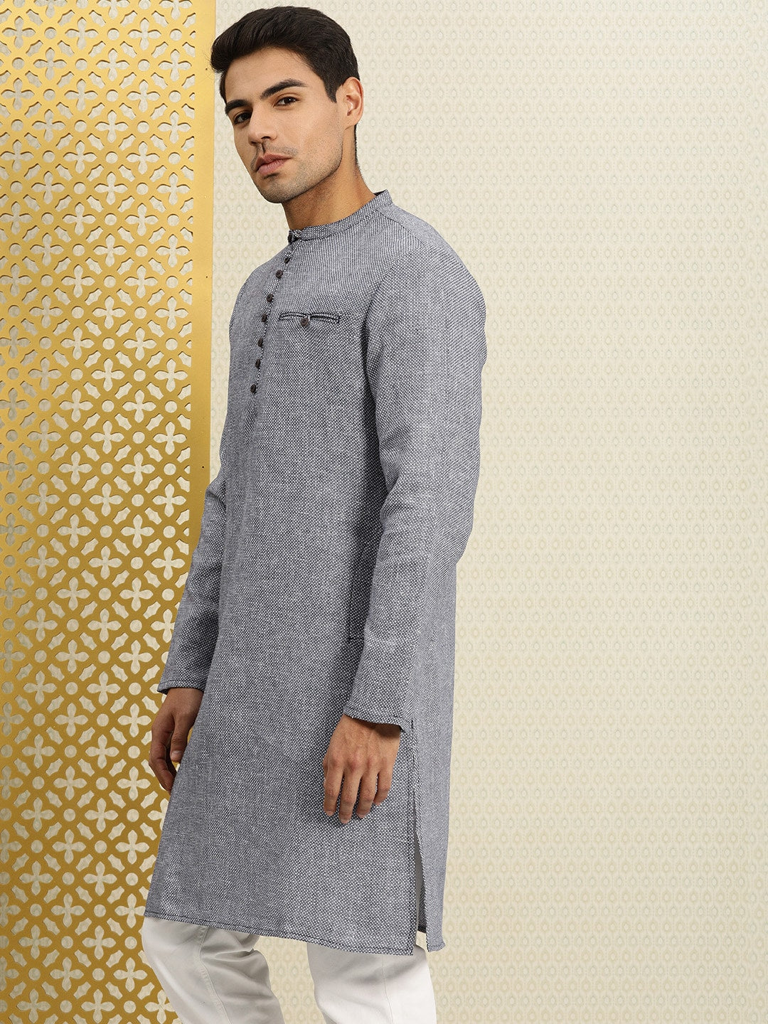 House of Pataudi Men Navy Blue & White Woven Design Straight Kurta