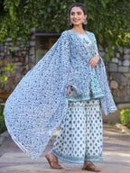 Juniper Women's Blue Cotton Cambric Floral Placement Printed Anarkali Kurta Sharara & Dupatta Set - Distacart