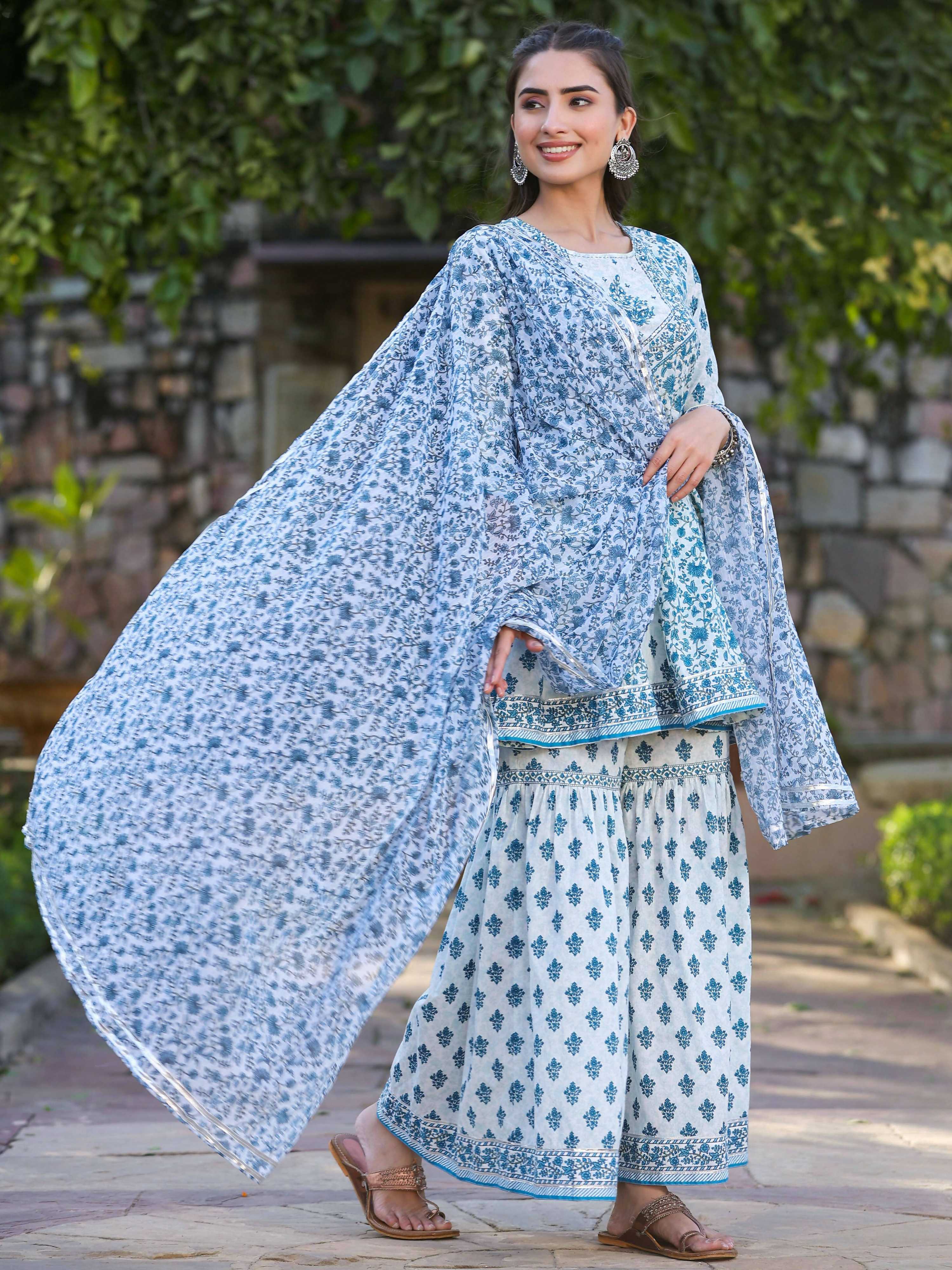 Juniper Women's Blue Cotton Cambric Floral Placement Printed Anarkali Kurta Sharara & Dupatta Set - Distacart