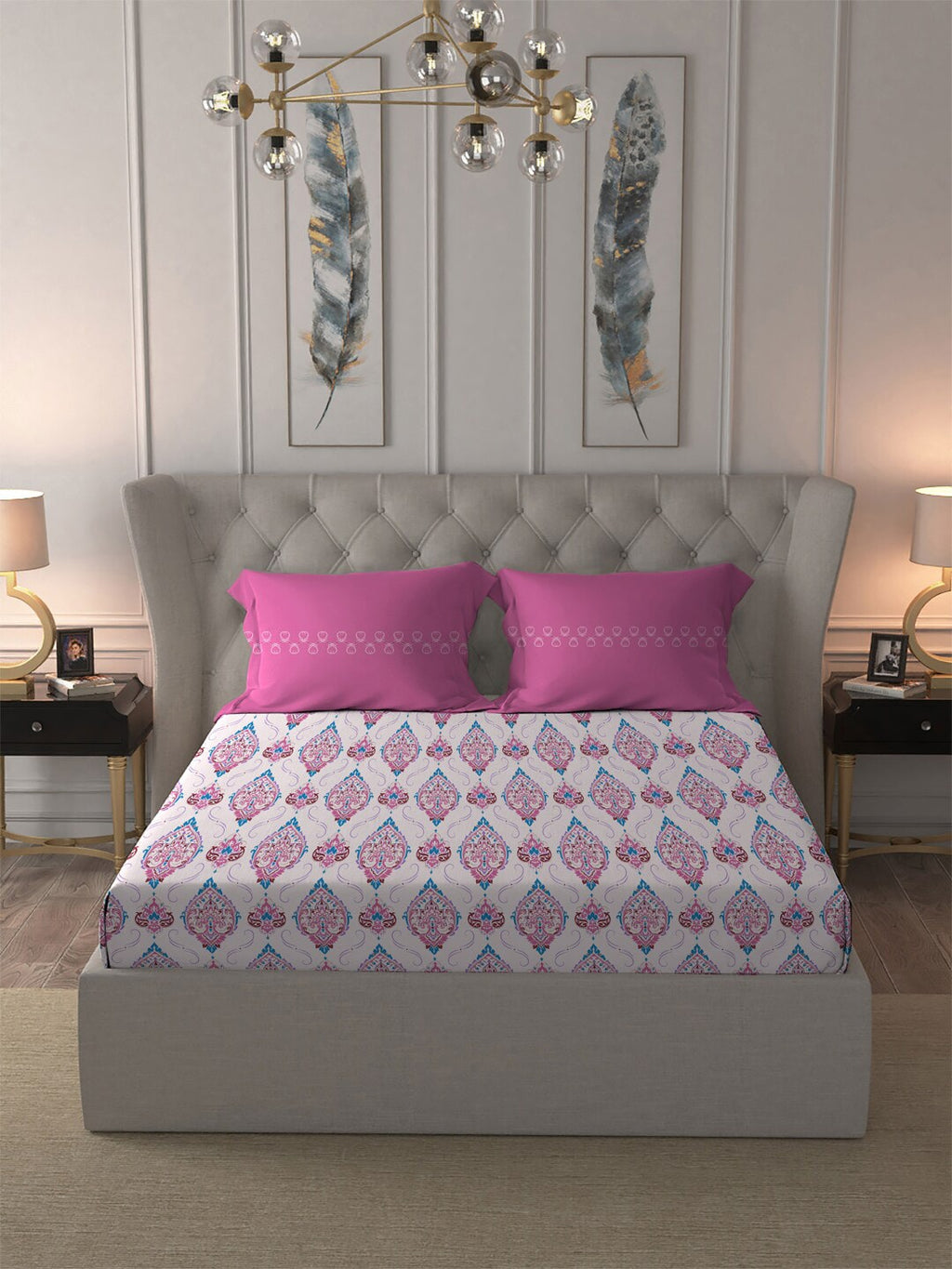 MYTRIDENT Moments Pink White Ethnic Pure Cotton 120 TC Queen Bedsheet Pillow Covers