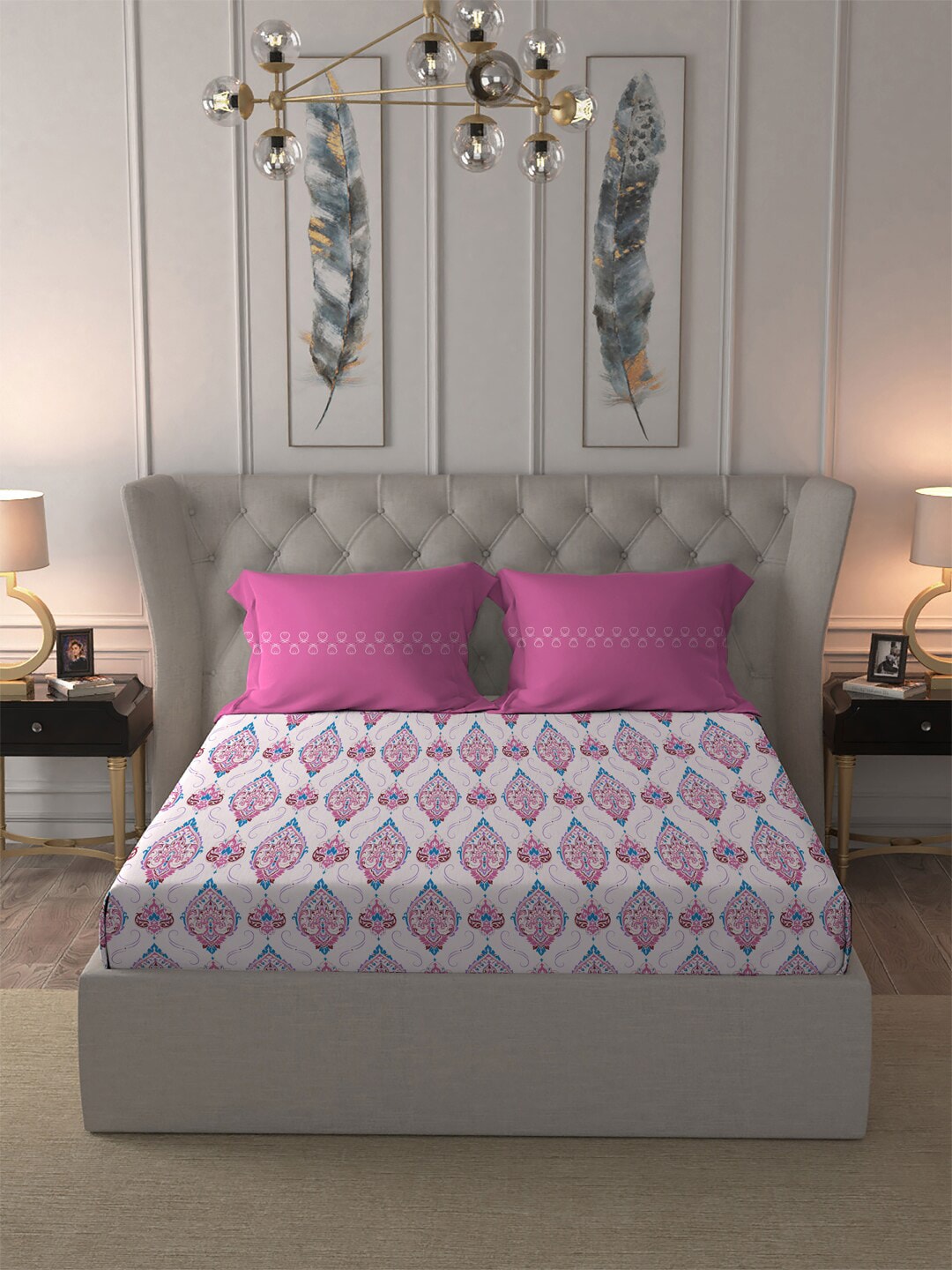 MYTRIDENT Moments Pink White Ethnic Pure Cotton 120 TC Queen Bedsheet Pillow Covers