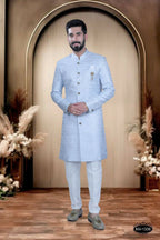 Joban Fashion Men's Blue & White Cotton Silk Kurta with Pyjama